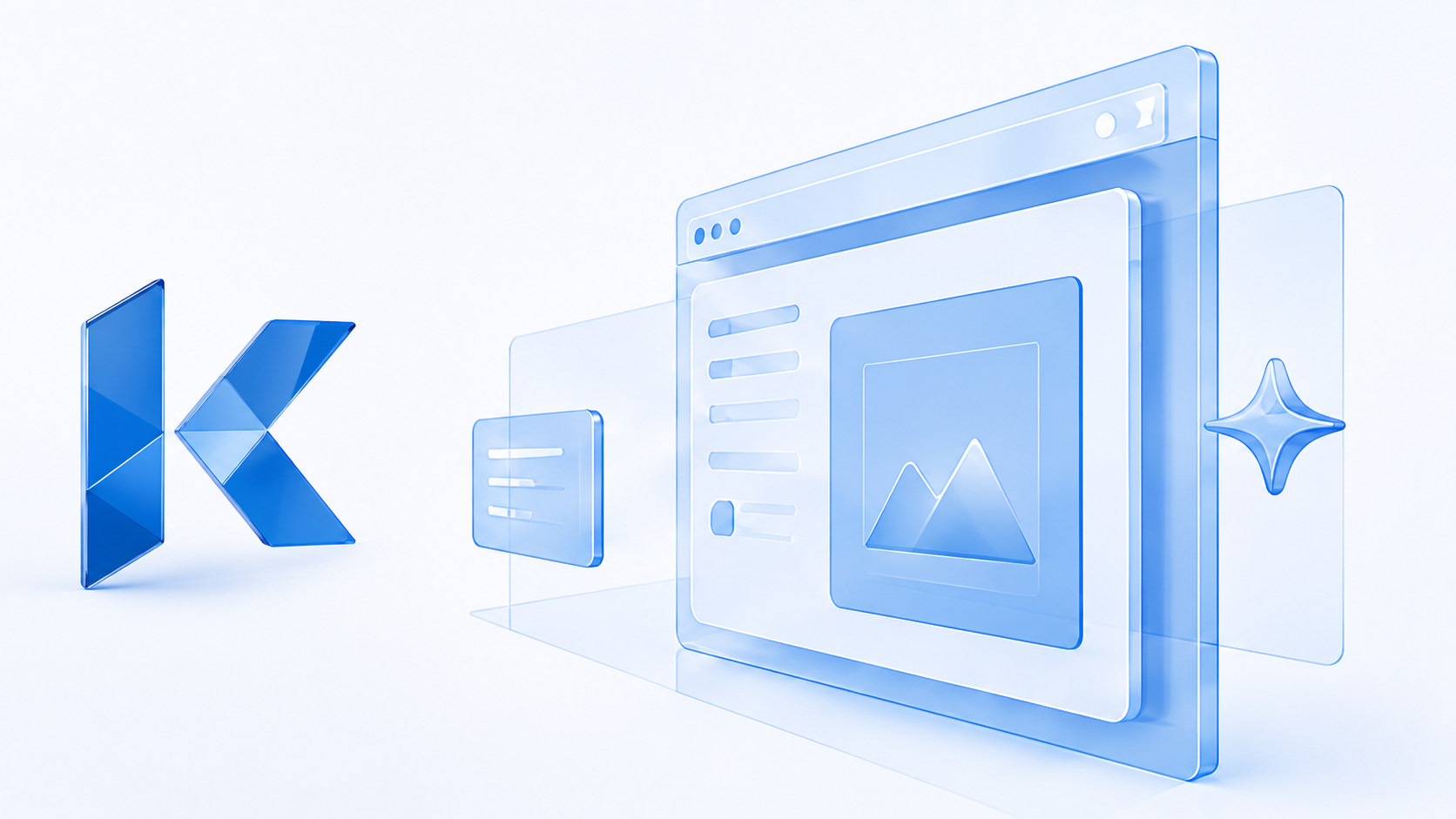K tridimensional de Kreaton y experiencia de creación web en capas de cristal azul