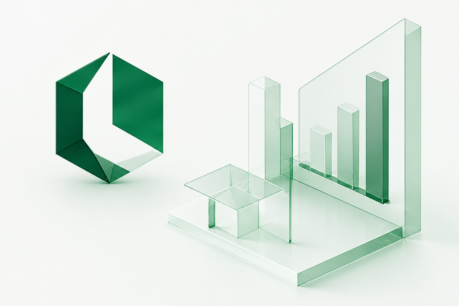 Emblema tridimensional de Listo y mesa comercial de cristal con indicadores ascendentes