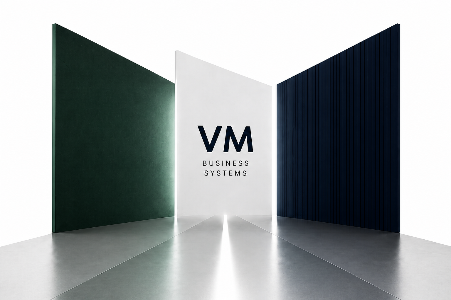 Instalación arquitectónica de VM Business Systems con planos verde, blanco y azul marino